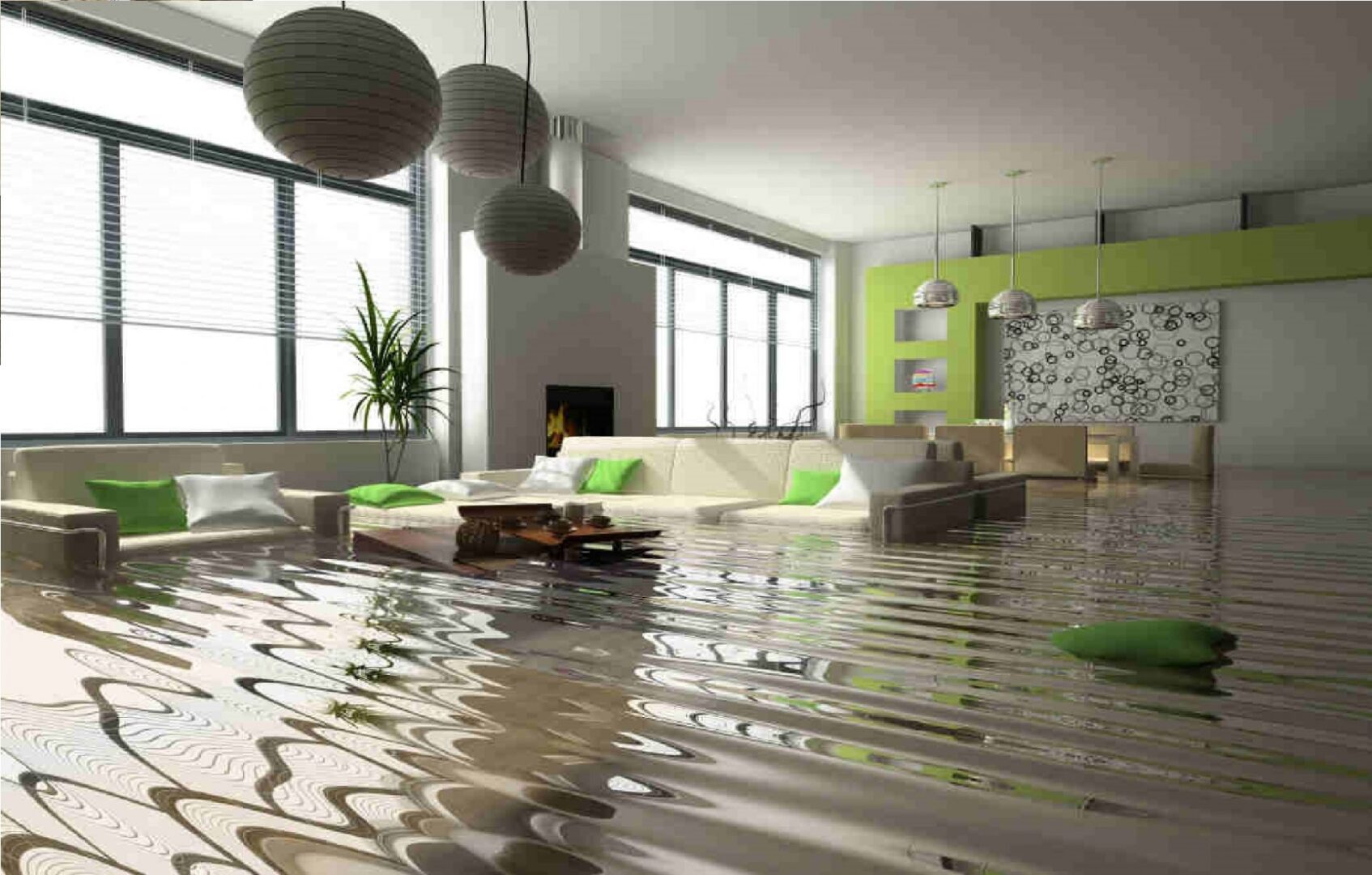 A flooded living room due to water damage